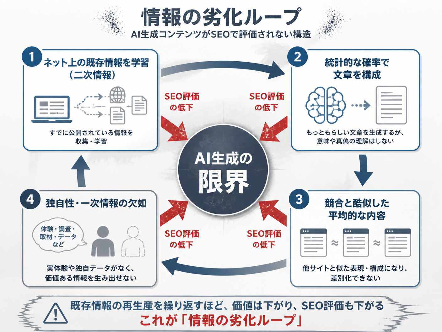 【文脈】AI生成記事がSEOで評価されない構造を説明する図