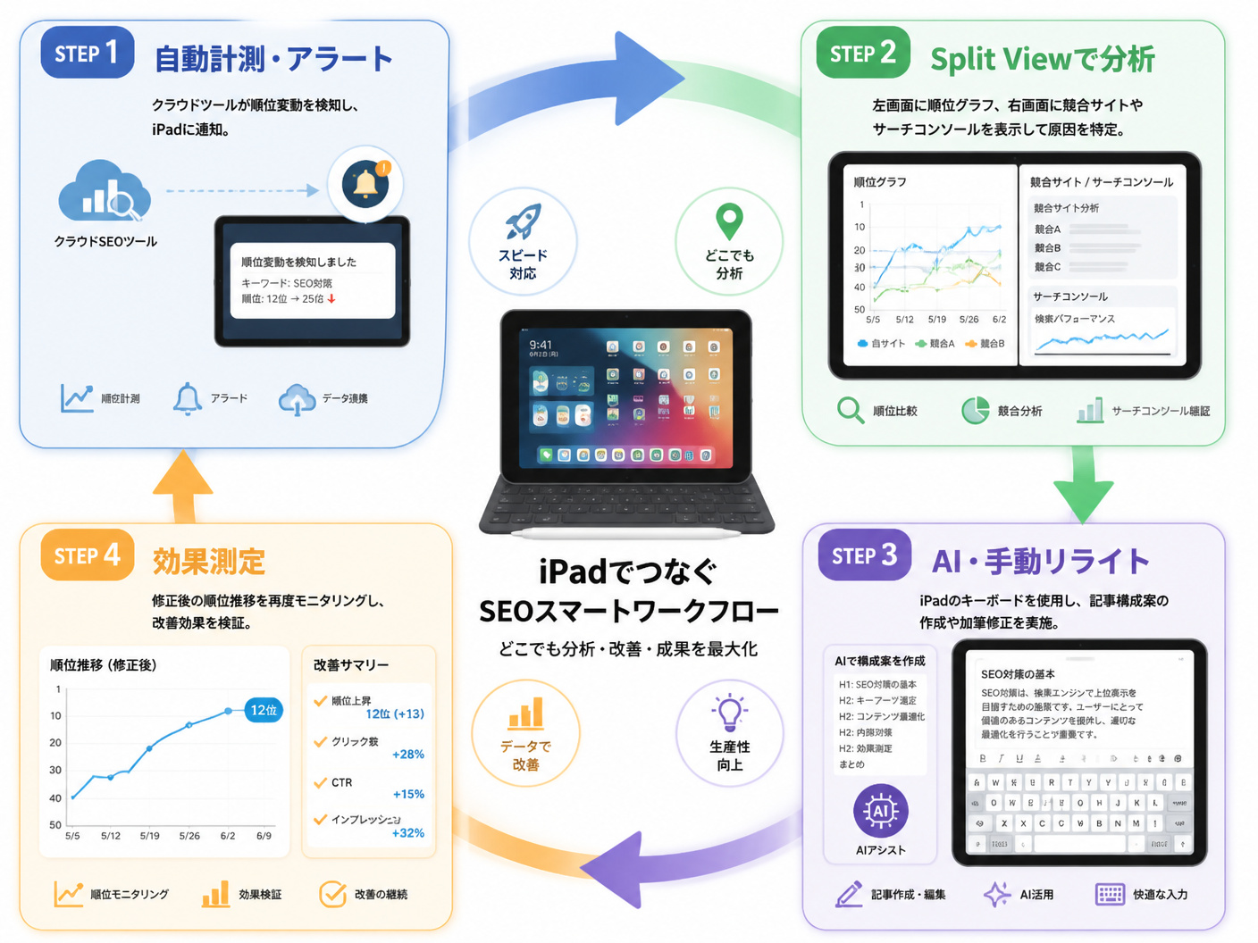 【文脈】iPadを活用したSEO業務の具体的なワークフローを解説する図