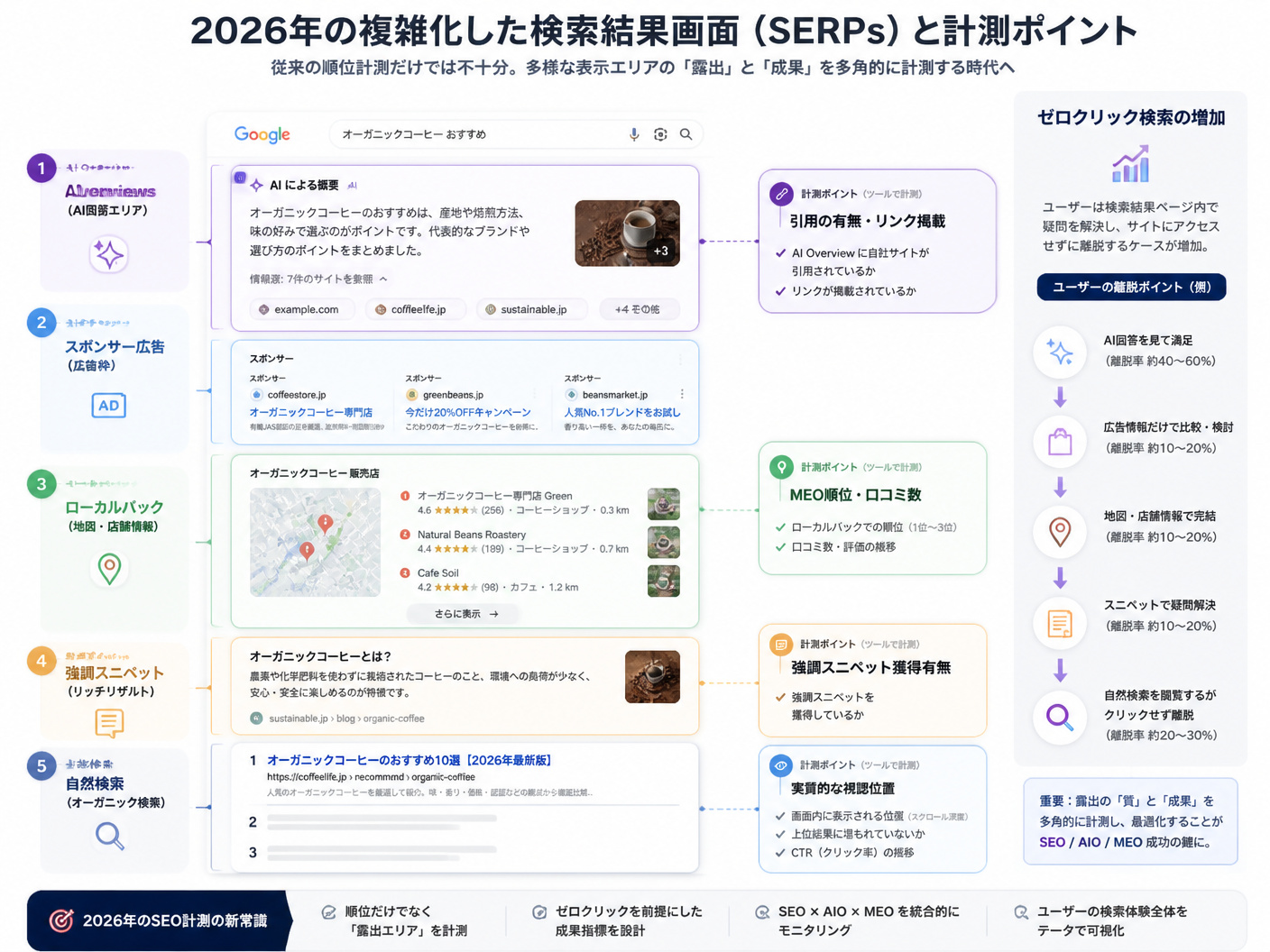 【文脈】2026年の複雑化した検索結果画面（SERPs）と