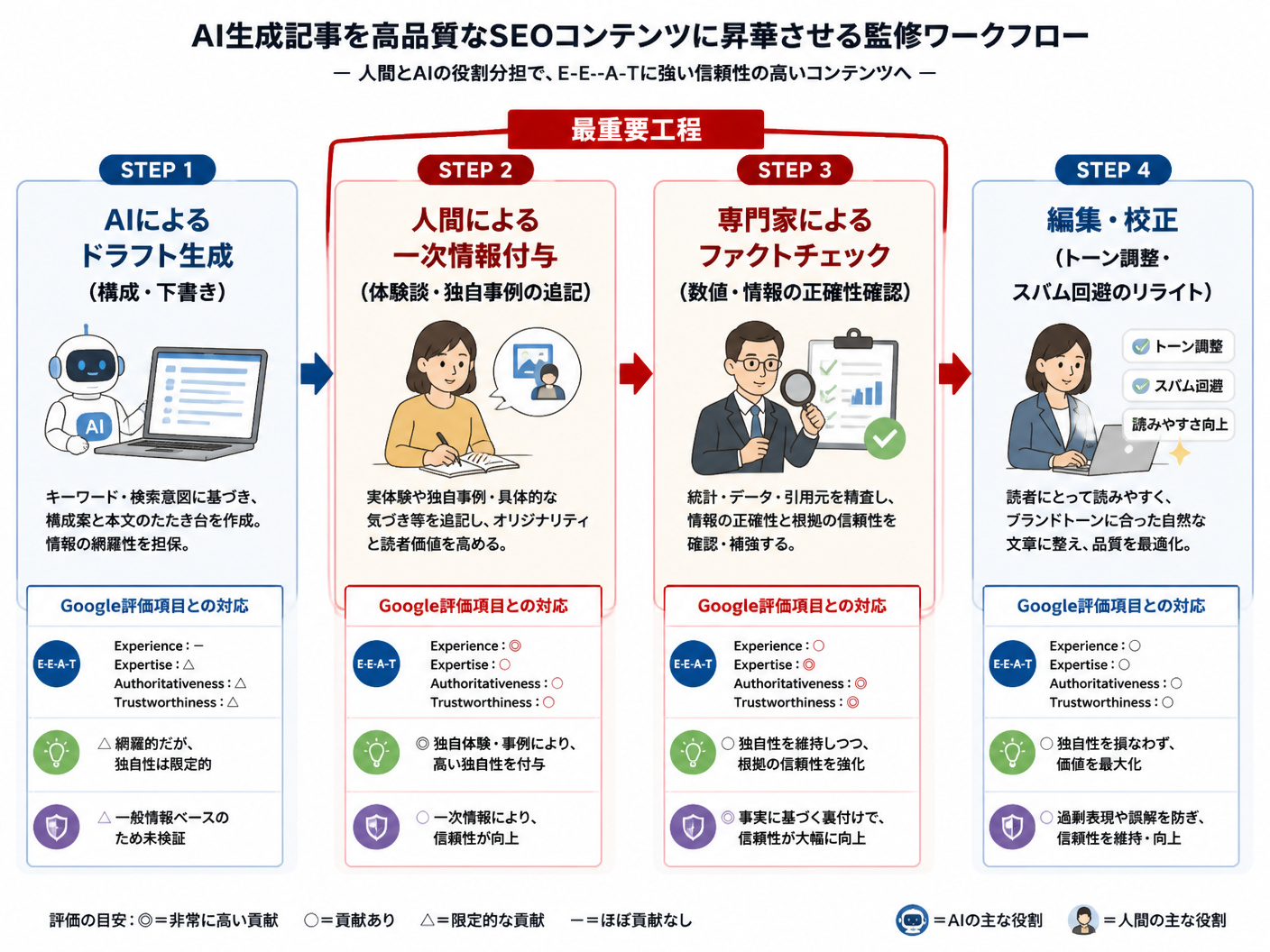 【文脈】AI生成記事を高品質なSEOコンテンツに昇華させるための監修ワークフローを説明する図