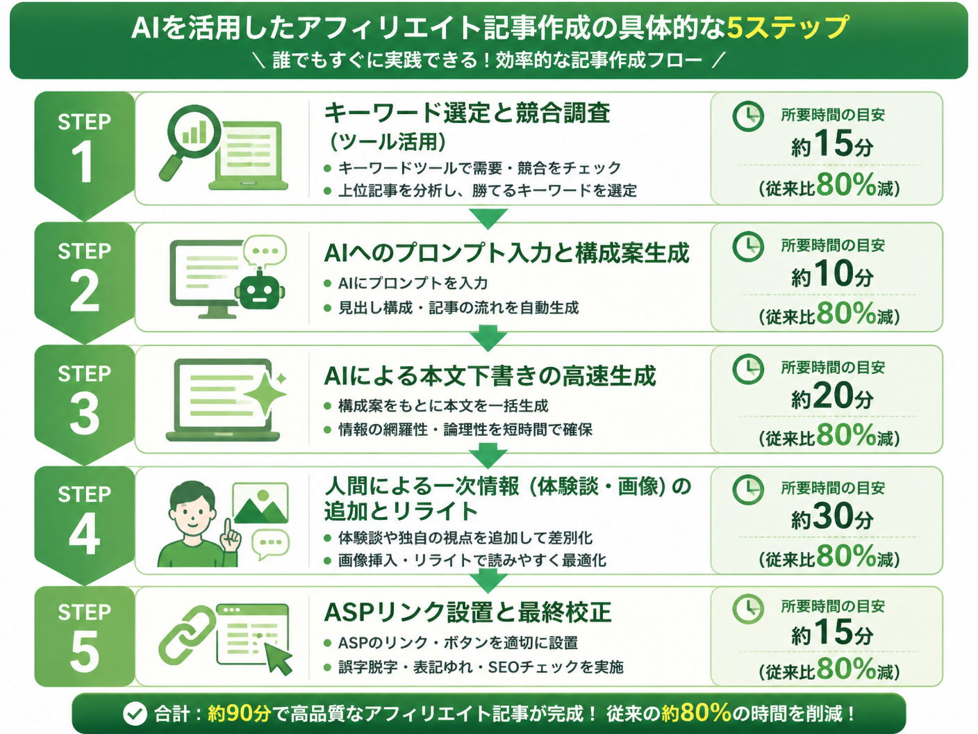 【文脈】AIを活用したアフィリエイト記事作成の具体的な5ステップをフロー図で示し