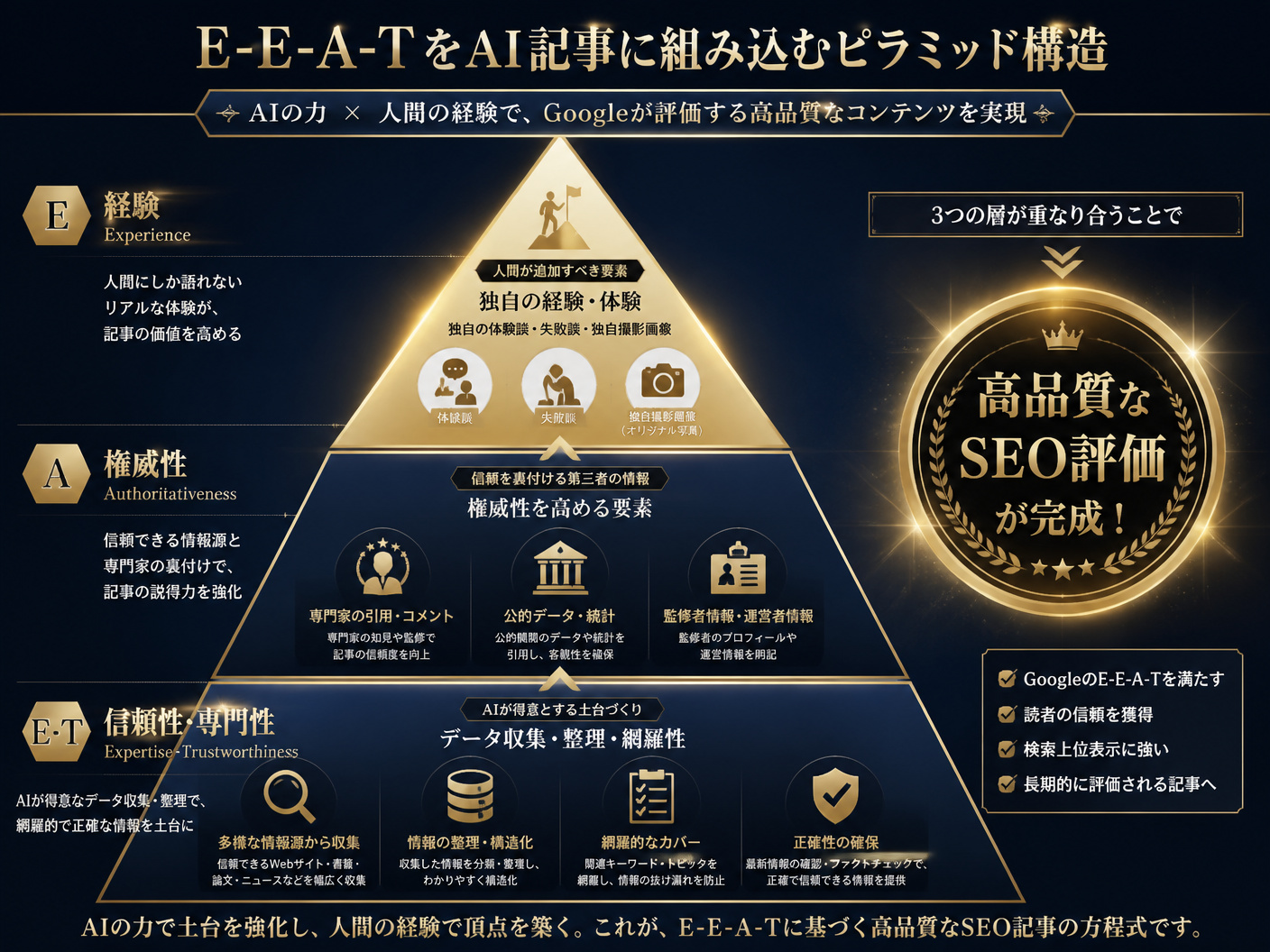 【文脈】Googleが重視するE-E-A-T（経験・専門性・権威性・信頼性）をAI記事にどう組み込むべきかを視覚化する