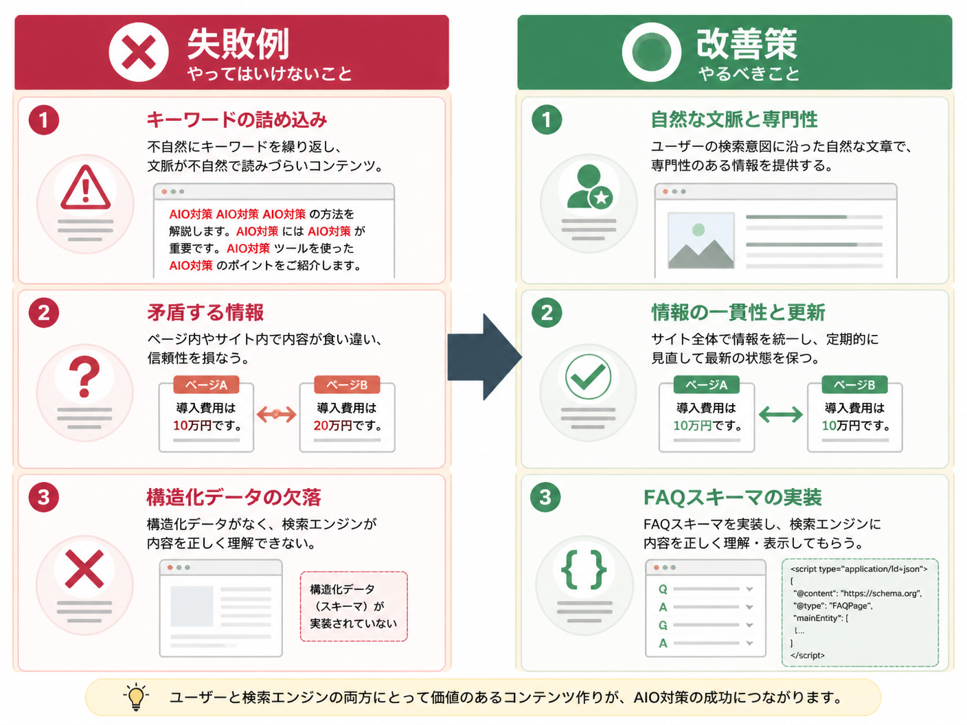 【文脈】AIO対策における失敗例と改善策の対比図解
