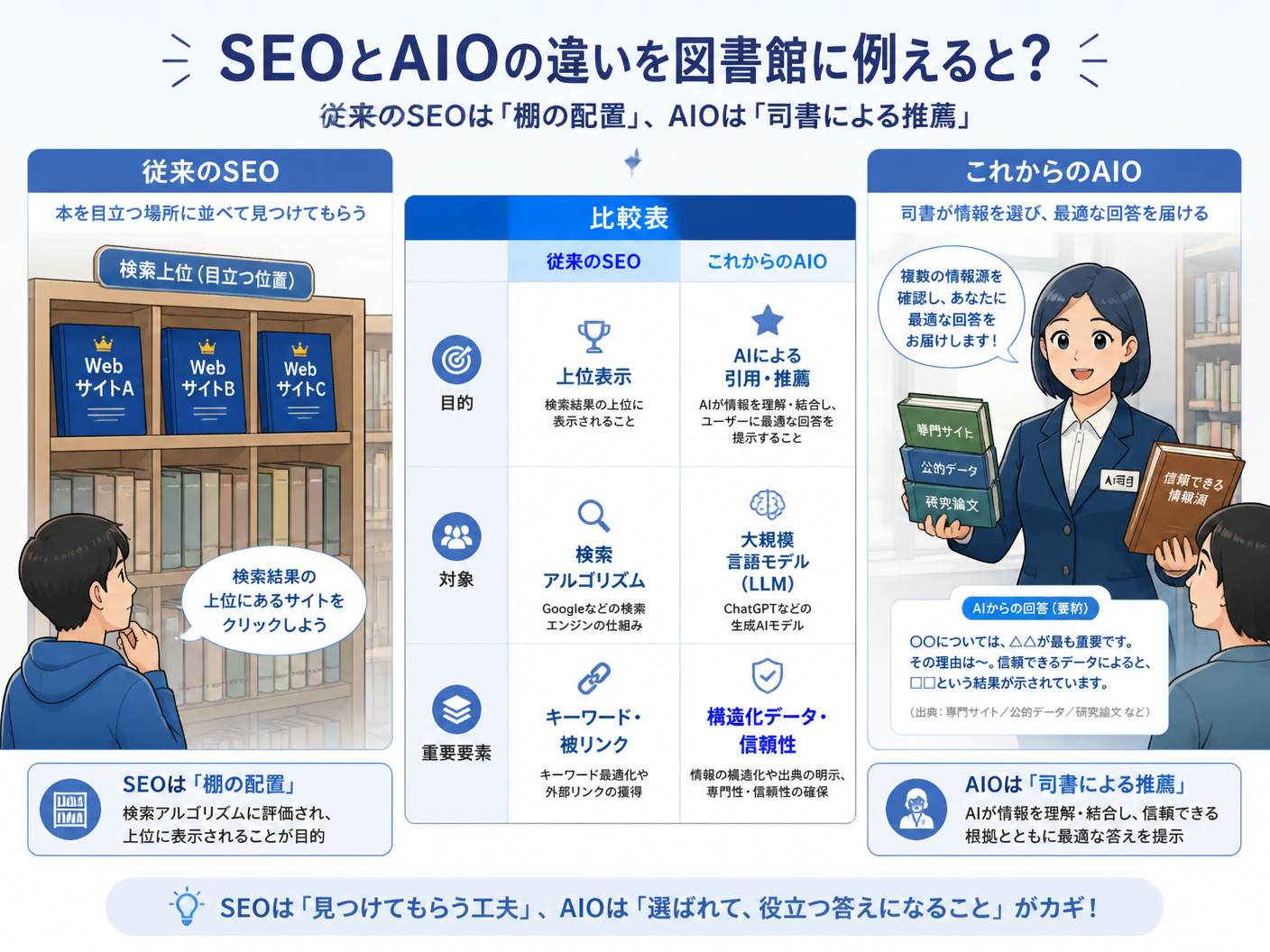 【文脈】SEOとAIOの違いを図書館に例えて視覚化する図