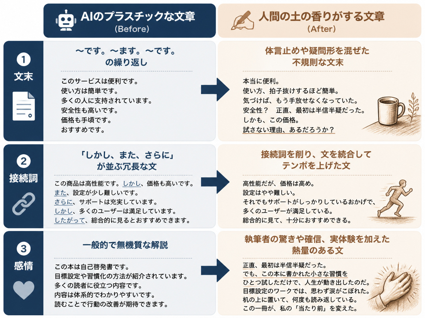 【文脈】AI生成の原文を人間がリライトする際の具体的な変化を