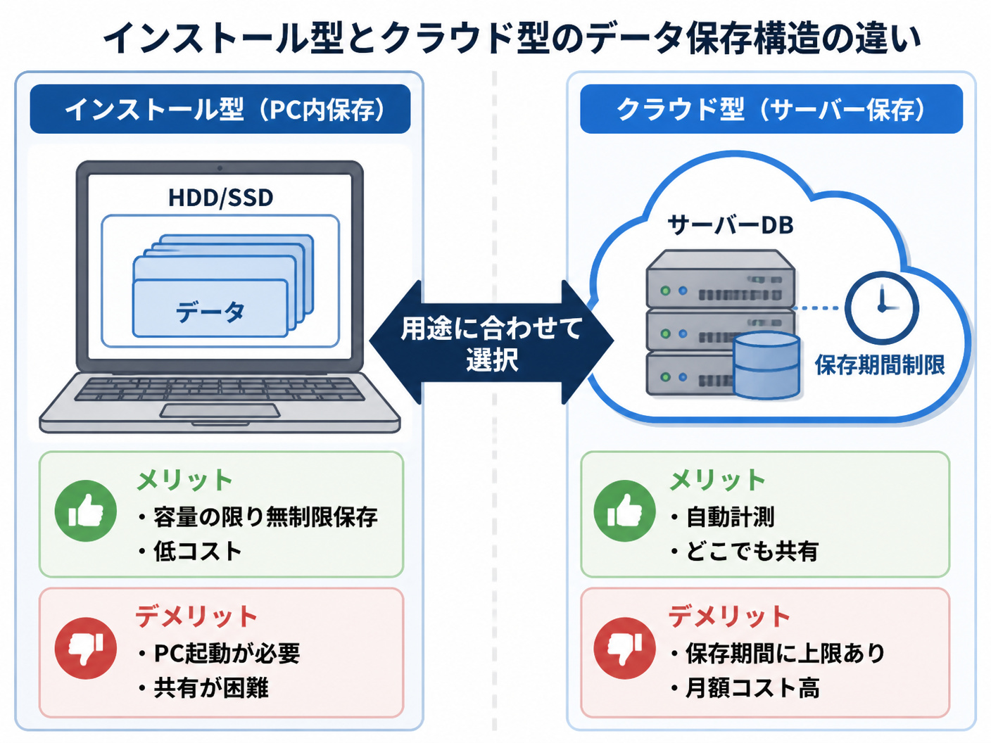 【文脈】インストール型とクラウド型のデータ保存構造の違いを解説する図