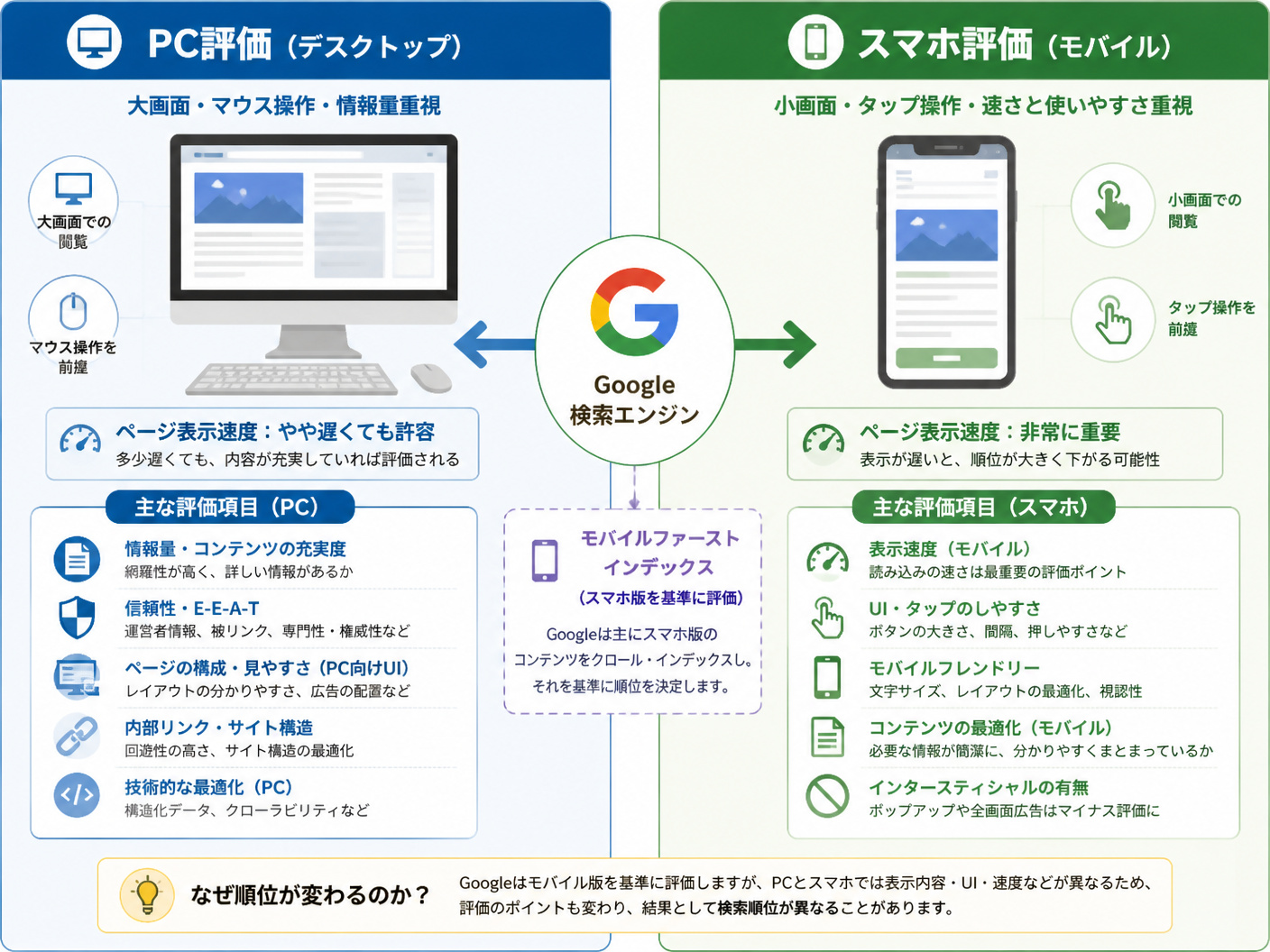 【文脈】PCとスマホで検索順位が変わる理由を説明するセクション
