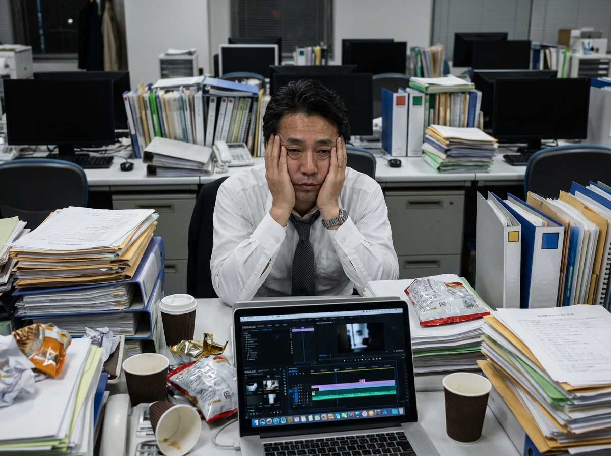 大量の作業に追われるオフィスワーカー